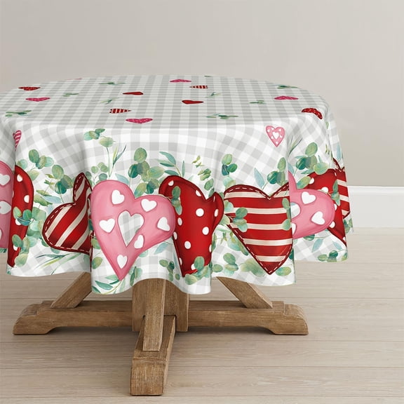 Valentine Tablecloth 60×60 Inch Round, Red Heart Eucalyptus Buffalo Plaid Washable Seasonal Table Cover for Party Picnic Dinner Decor