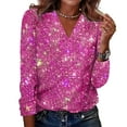thumbnail image 2 of Sequin Holiday Tops for Women Party Night V Neck Sparkly Long Sleeve Top Glitter New Years Eve Tops Hot Pink L, 2 of 7