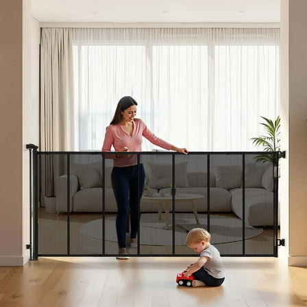 VEVOR Retractable Baby Gate, Extends to 120 inch Extra Wide, 38.5 inch Tall, with Reinforced Fiberglass Strips, Avoids Crawling Through, Mesh Dog Gate for Decks, Doorways, Garages, Indoor, Black