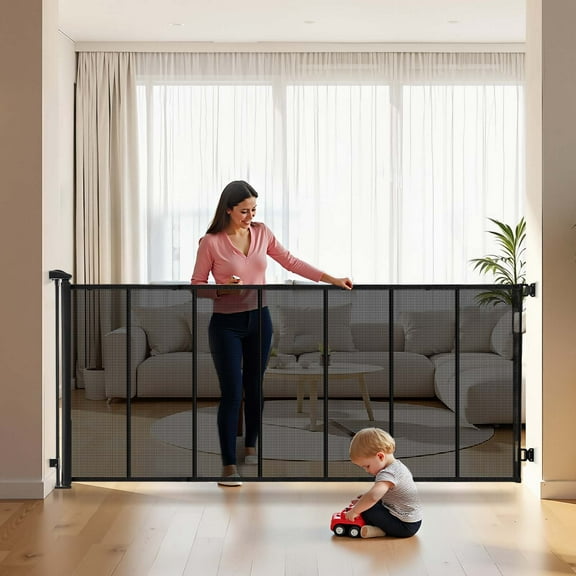 VEVOR Retractable Baby Gate, Extends to 120 inch Extra Wide, 38.5 inch Tall, with Reinforced Fiberglass Strips, Avoids Crawling Through, Mesh Dog Gate for Decks, Doorways, Garages, Indoor, Black