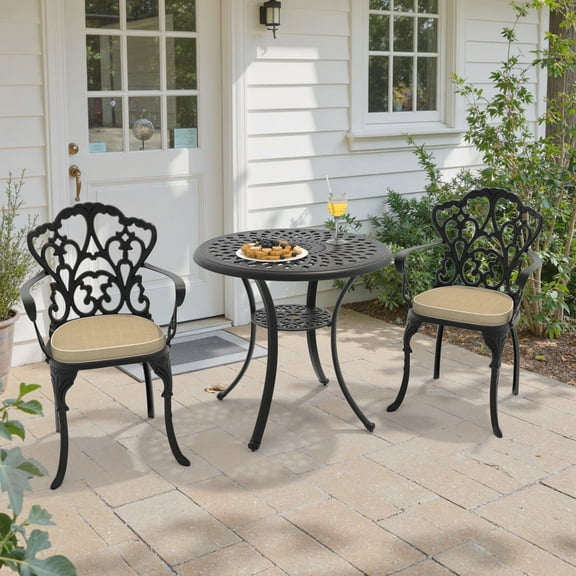 Hzzkey 3-Piece Outdoor Rust-Resistant Cast Aluminum Patio Set, Black Table, Beige Cushions, Umbrella Hole