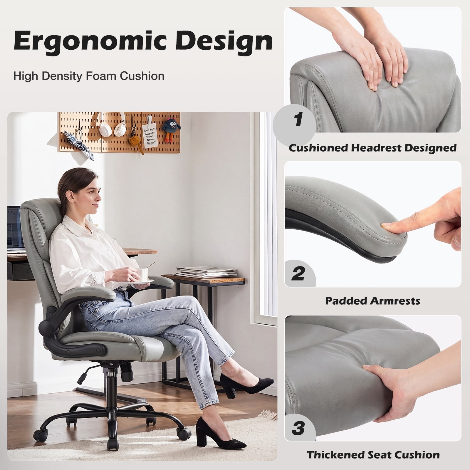 edx Computer Gaming Chair, Ergonomic High Back Heavy Duty Task Desk Office Chairs with Wheels, Flip-up Arms, Adjustable Height, PU Leather, Gray