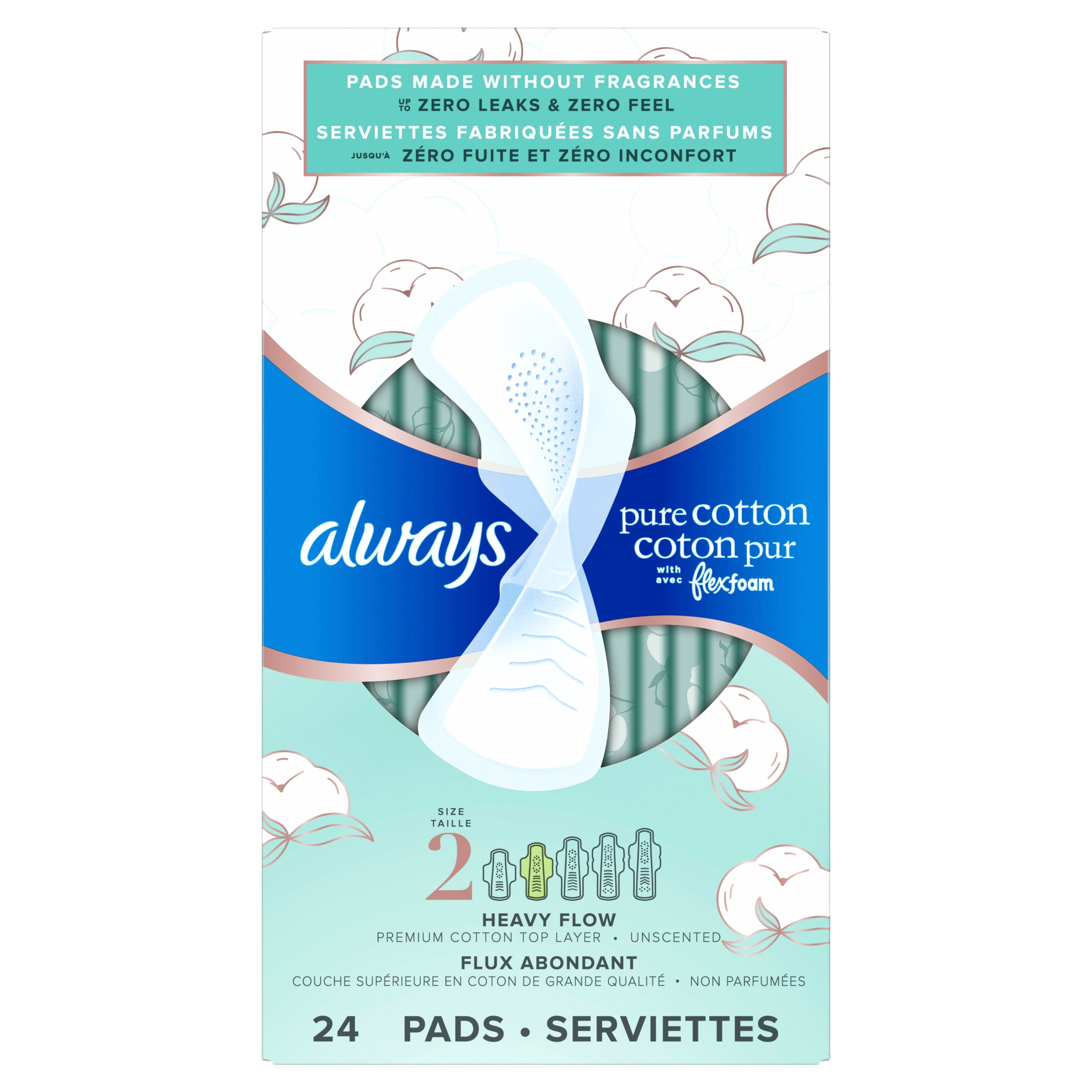 Serviettes féminines Always Pur coton pour femmes, serviettes avec ailes Flexfoam, taille2, degré d’absorption abondant, non parfumées, 24serviettes 24CT
