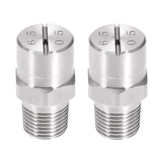 Punta de rociado en abanico plano - Rosca macho BSPT de 1/8 - Boquilla de acero inoxidable 304 - Ángulo de 65 grados - Diámetro de orificio de 1.4 mm - 2 piezas
