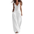 thumbnail image 3 of Casual Jumpsuits for Women Wide Leg Button Down V Neck Summer Baggy Sleeveless Loose Fit Boho Trendy Overalls for Women with Pockets White XL, 3 of 10