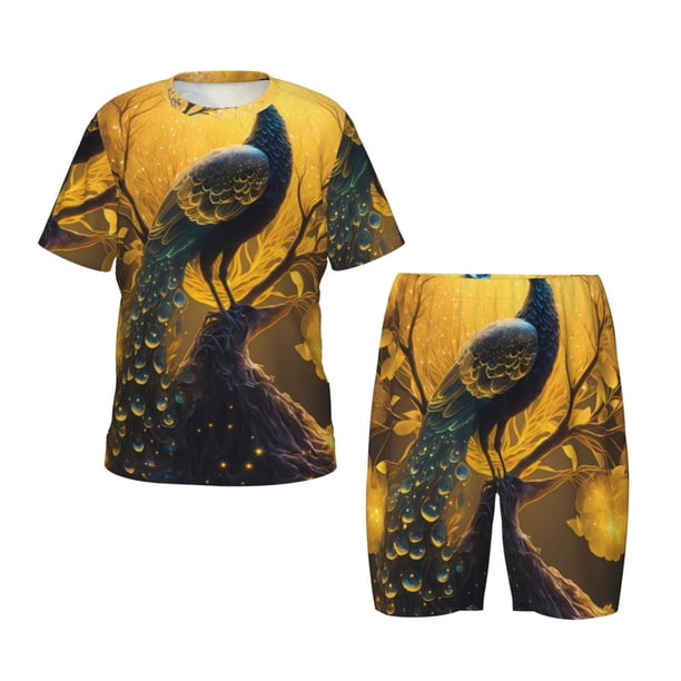 Fotbe Elegant Gold Leaf Peacock Pijama Estampada de 2 Piezas para Niños – Ropa de Dormir de Manga Corta Cómoda para Niños y Niñas, Camiseta y Shorts de Algodón-Large