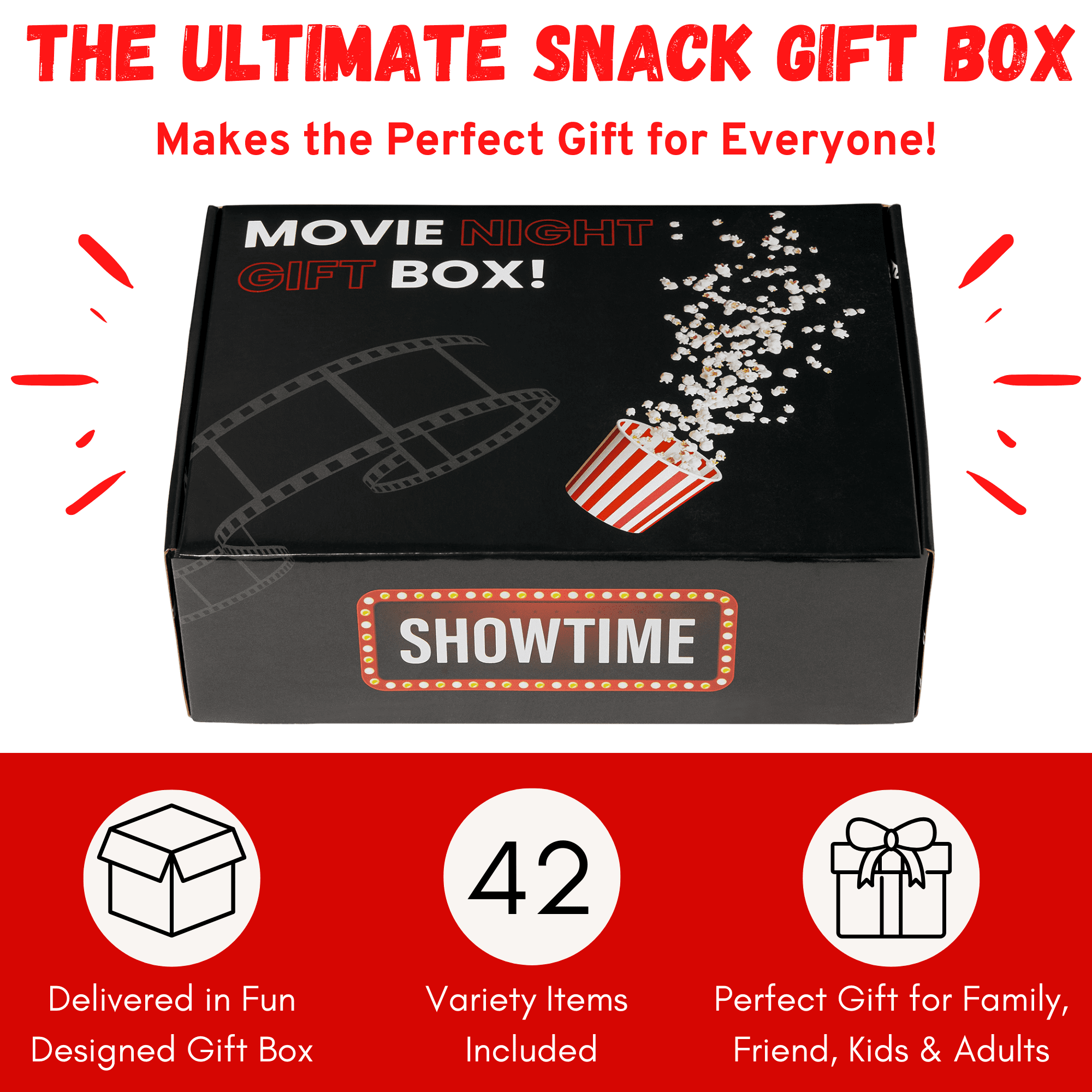 Movie Night Gift Basket – 42-Piece Gift Box with Popcorn, Candy, Snacks & Bingo