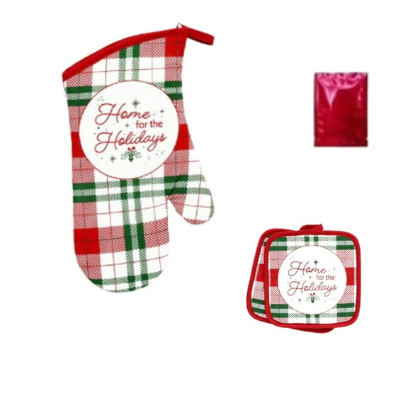 Red and Green Plaid “Home for the Holidays” Oven Mitt and Potholder Set – 2-Piece Christmas Kitchen Set with Bonus LaPrima Morceau Bonbon