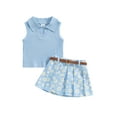 thumbnail image 2 of Elippeo Toddler Girl Summer Outfit 6 12 18 24 Months 3 4 Years Solid Color Ribbed Sleeveless Tank Tops and Daisy Print Pleated Skirts with Belt 2Pcs Clothes Set, 2 of 10