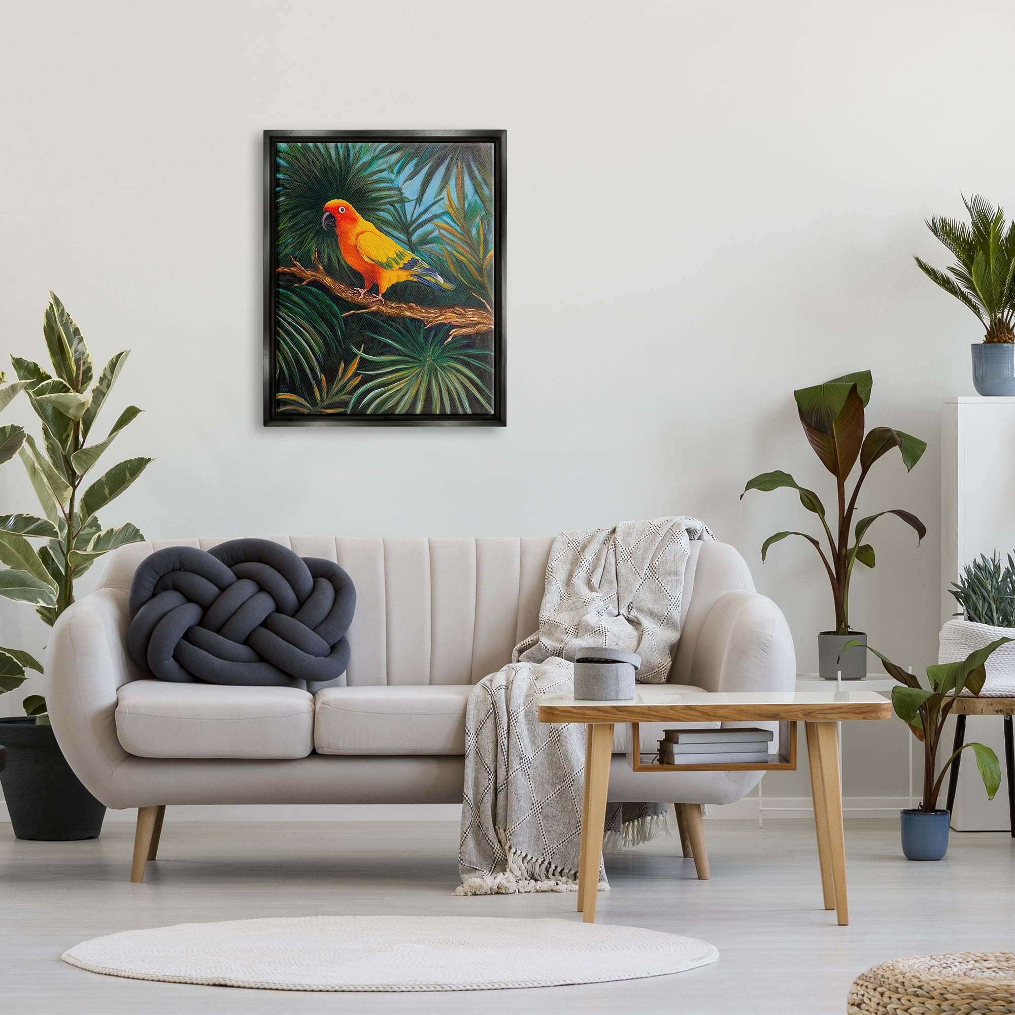 Stupell Industries Parrot in Tropical Trees Animals & Insects Painting Black Floater Framed Canvas Art Print Wall Art, 25 x 31