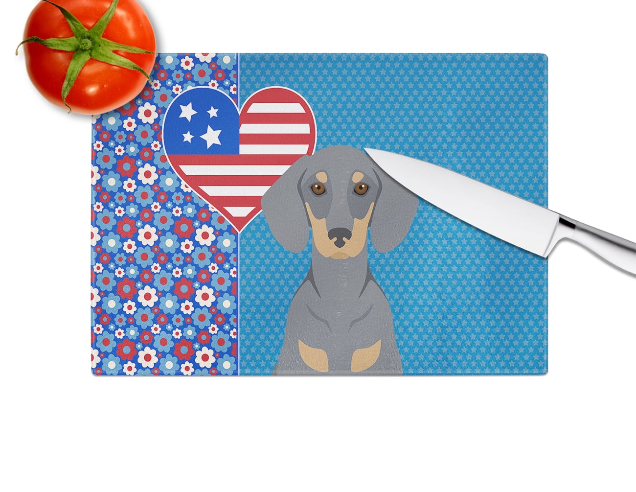 Blue and Tan Dachshund Glass Cutting Board Large 12 in x 15 in