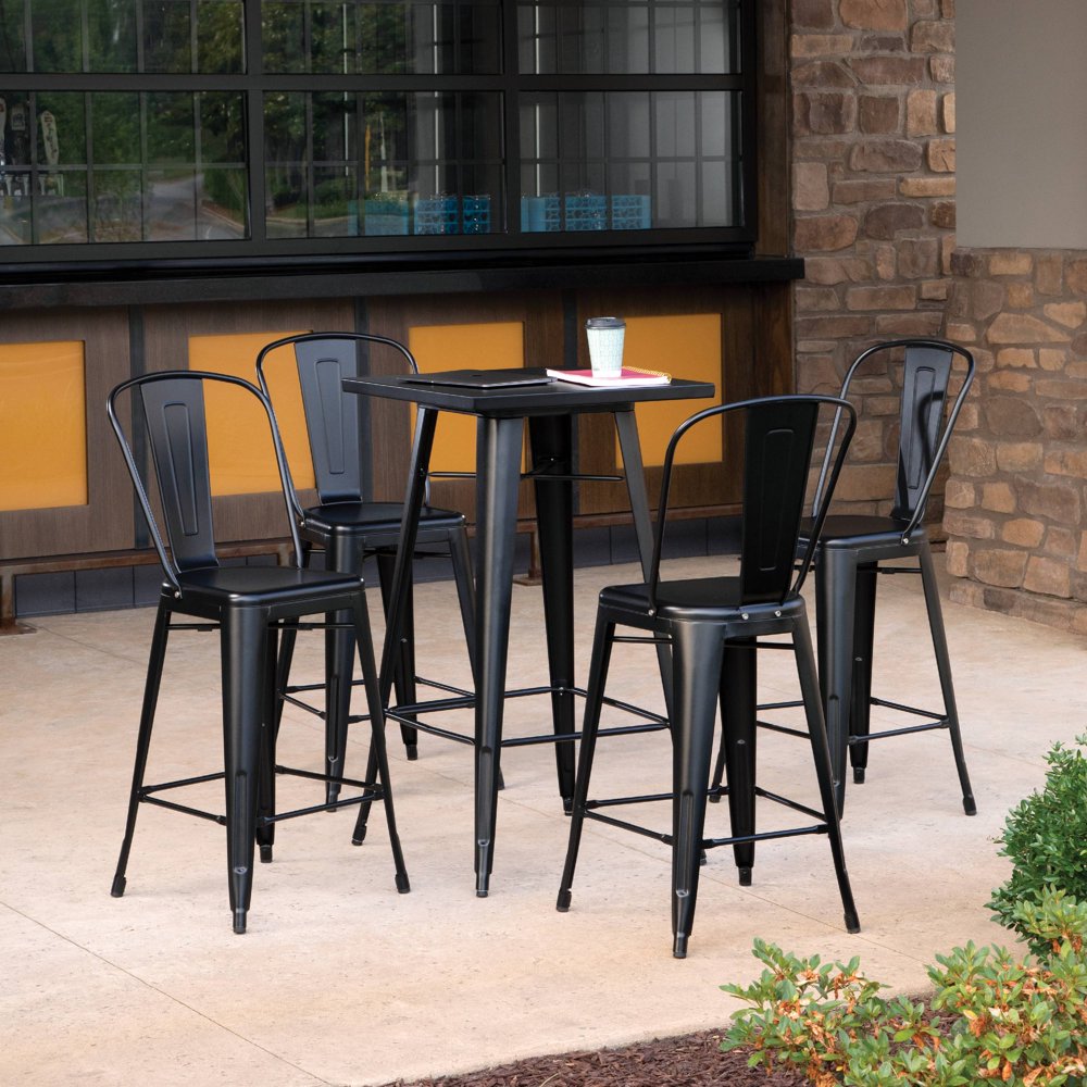 OFM Industrial Modern 4 High Back Metal Stools, Indoor/Outdoor Bar