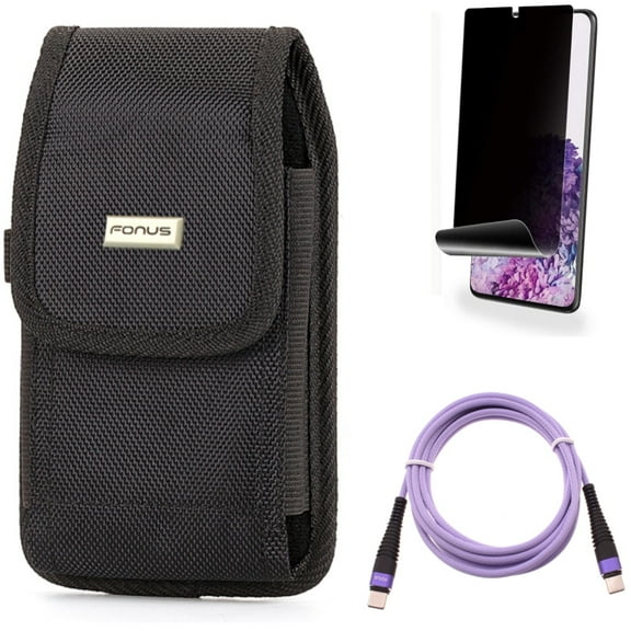 Case Belt Clip w Privacy Screen Protector w Purple 10ft PD Cable for Samsung Galaxy S20 Plus - Rugged Holster Canvas, TPU Film [NOT GLASS] [Fingerprint Works], Type-C to USB-C fits Galaxy S20 Plus