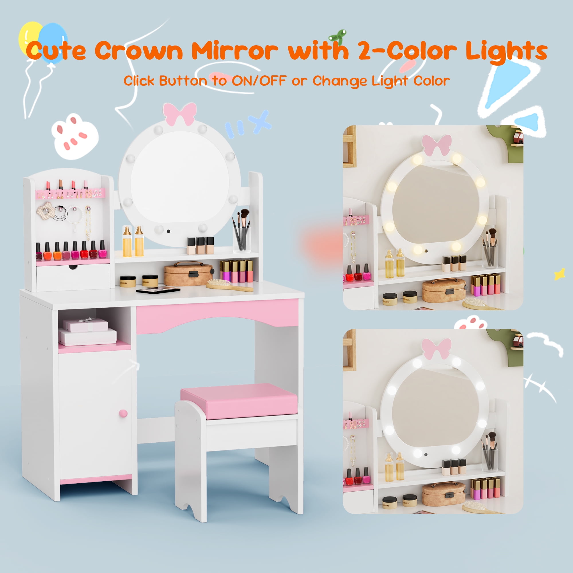 Reasea Kids Vanity Table, Girls Vanity Set, Princess Makeup Vanity Desk & Chair Set, White
