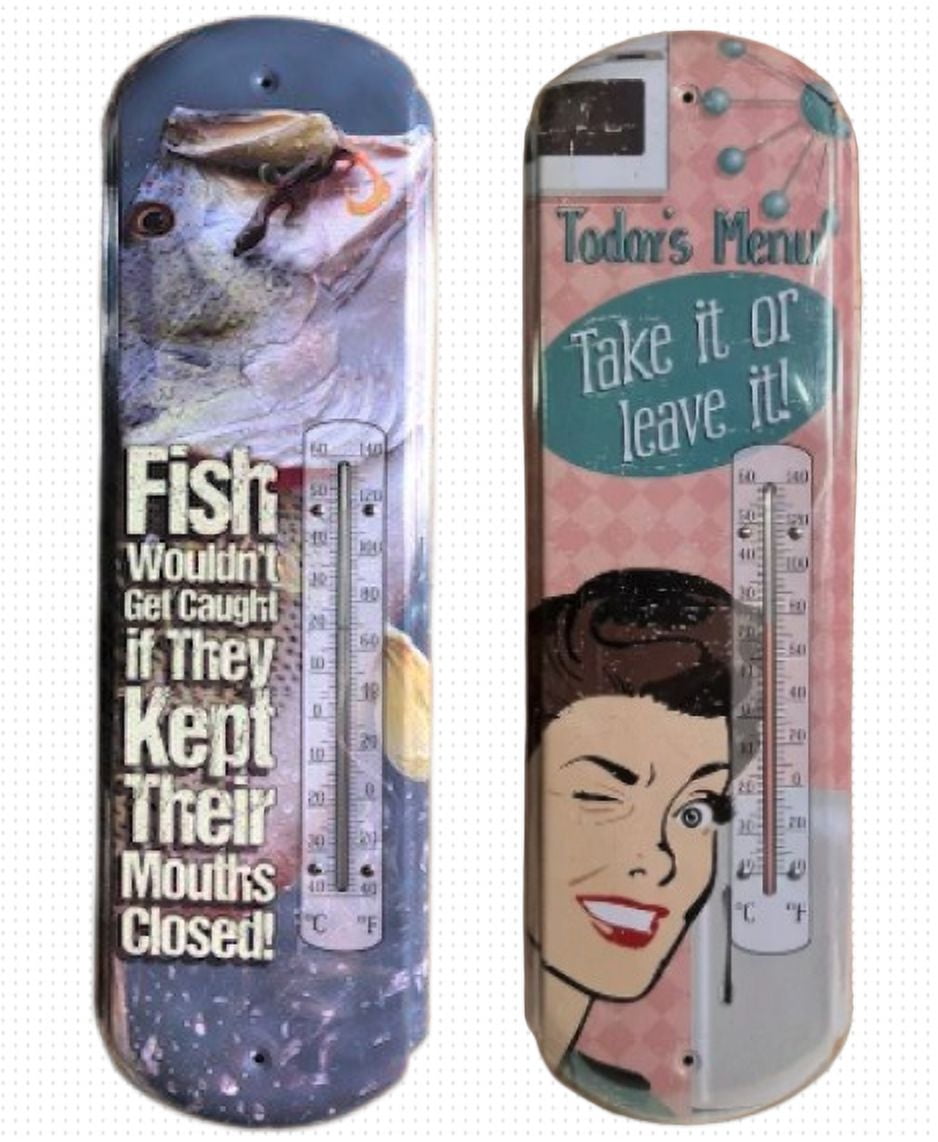 Wall Hanging Thermometer Metal ~ 22 Gauge Metal Lithograph Print Measures 5" x 17" Indoors or Outdoors (Todays Menu)