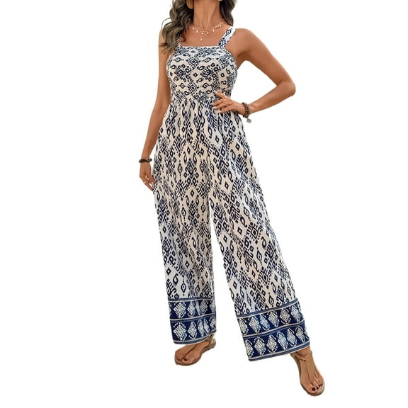 Women's Blue Boho Geometric Print High Waist Wide Leg Jumpsuit | [ZhiHiMeRi] | (US 12-14)L