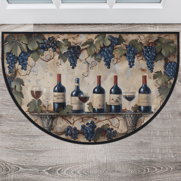 CURLYOOT Vintage Wine Glass Retro Half Round Door Mat 40'' x 63'', Indoor Outdoor Entrance Rug, Semi Circular Area Rug, Non Slip Washable Absorbent Doormat, Laundry Room Rug