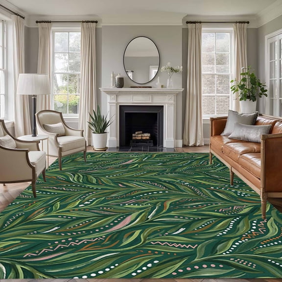 Large Area Rugs for Living Room Bedroom, Green Leaves 8'x10' Rug Washable Carpet Runner Indoor Outdoor, Spring Watercolor Ethnic Botanical Geometric Non Slip Floor Mats Rug for Kitchen, Patio