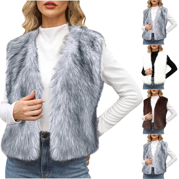 Miluxas Faux Plush Vest Women Fall Fashion Sleeveless Fuzzy Jacket Fluffy Coats Winter Clothing Outerwear Vests White XL(XL)
