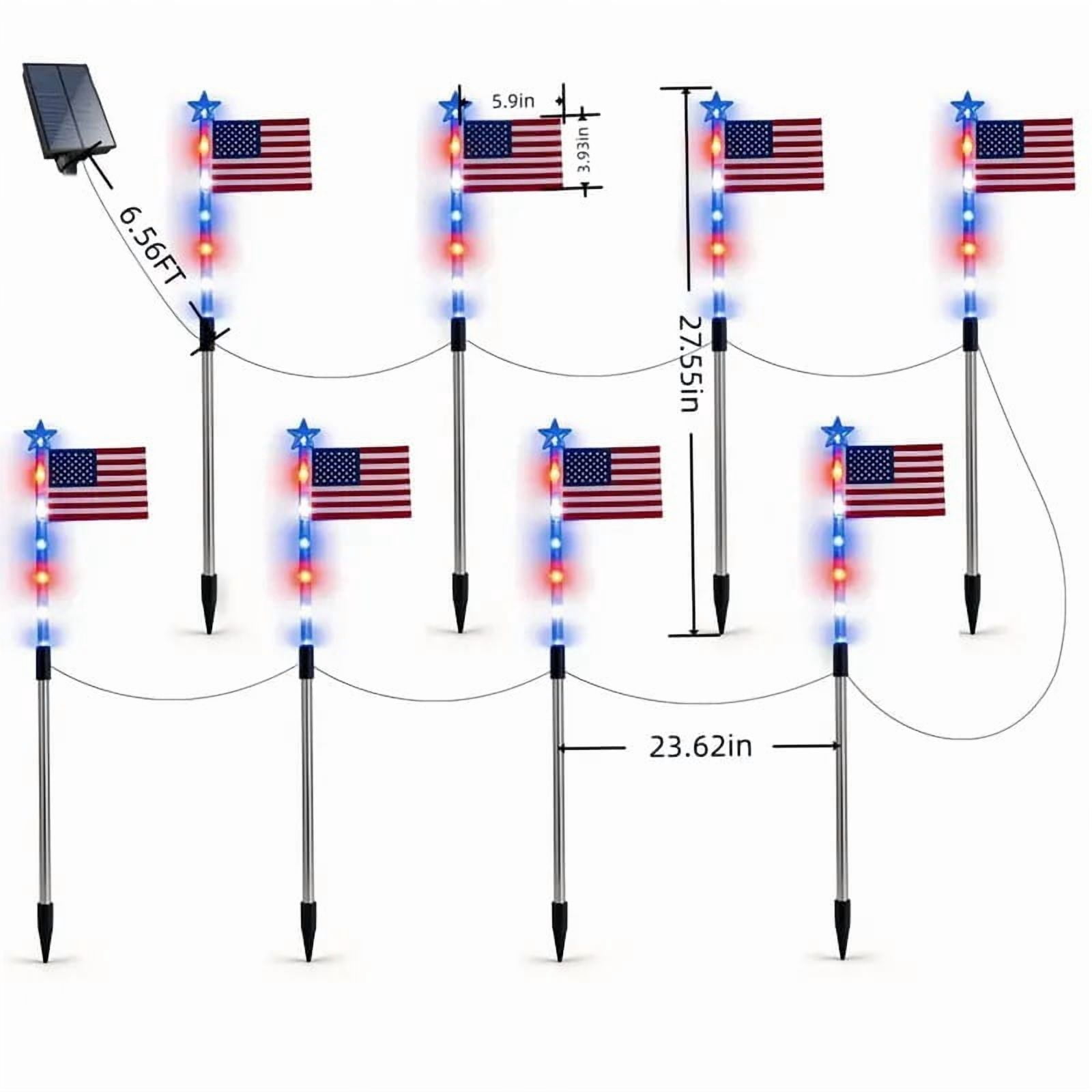 CSSAD 8 Pack Solar American Flag Pathway Lights - Patriotic Red White Blue Outdoor Stake Waterproof LED Lights, 4th of July Memorial Day & Independence Day Yard Garden Flag Pole Light Solar Powered