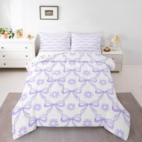 Castle Fairy Kawaii Purple Bow Knot Girl Boy 3 Pieces Queen Comforter Set,Groovy Floral Flowers Ultra Soft Bedding Sets,Dreamy Princess Bedding Comforter Set Breathable,Luxury Bedroom Decor