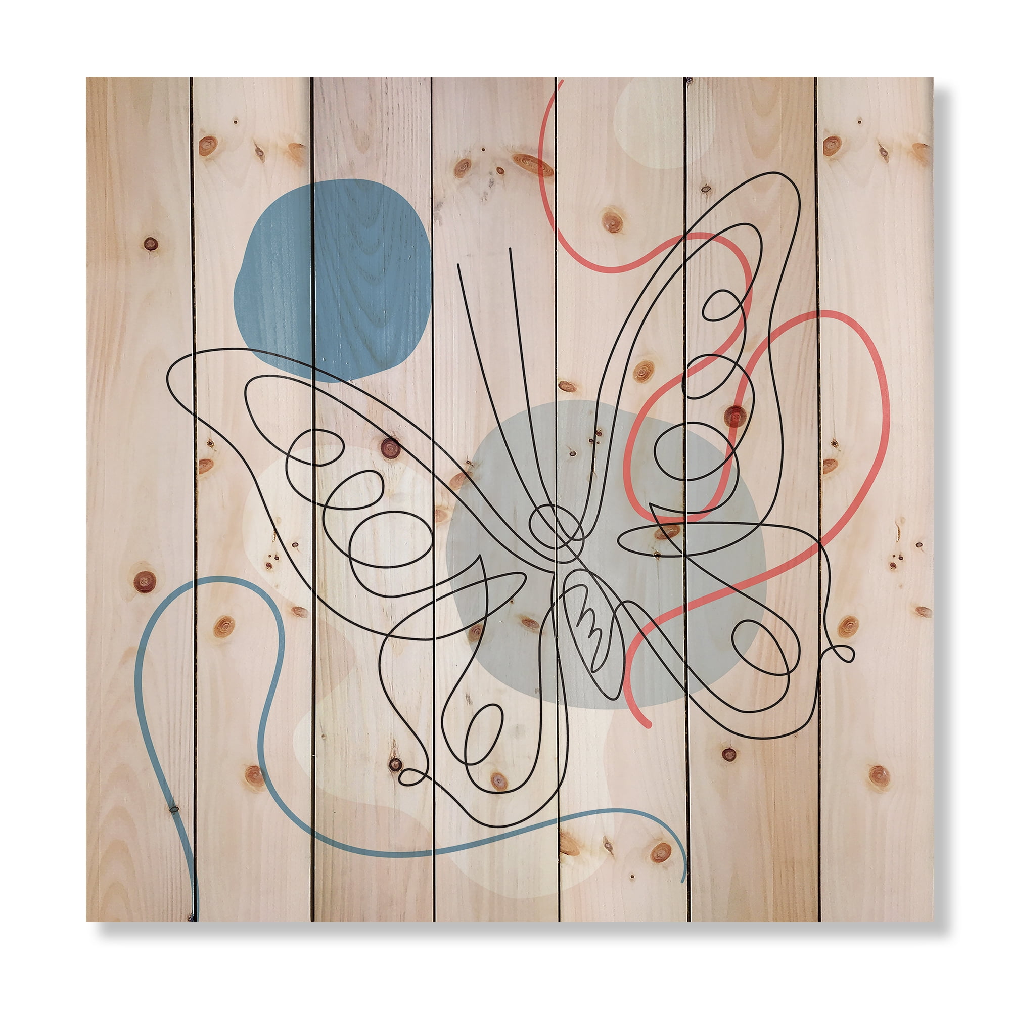 Designart 'One Line Butterfly Drawing On Cubism Shapes III' Modern Print on Natural Pine Wood
