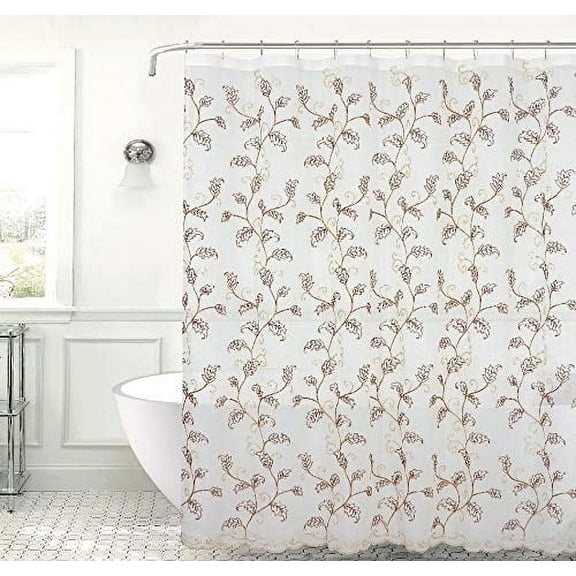 Serafina Home Decorative Sheer Fabric Shower Curtain: Two Toned Burgundy Red and Gold Embroidered Leaves with Metallic Threading