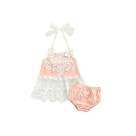 

Canrulo Princess Summer Baby Girls Clothes Sets 2pcs Lace Flowers Strap Sleeveless Lace Up Vest+Shorts Pink 12-18 Months