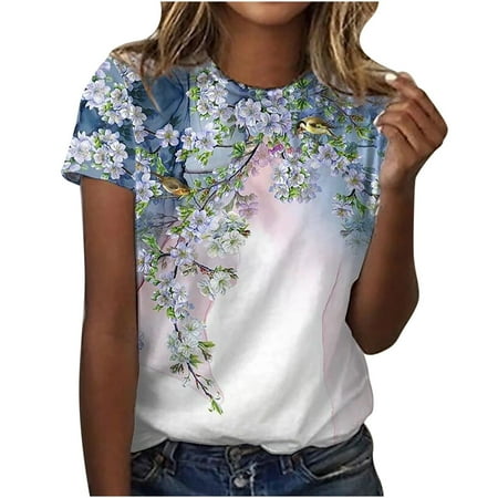 

Tshirts Shirts for Women Workout Tops for Women Trendy Casual 2023 Lady Floral Print Bra Top Short Sleeve Tee Shirts Round Neck Y2k Top Blusas Para Mujer