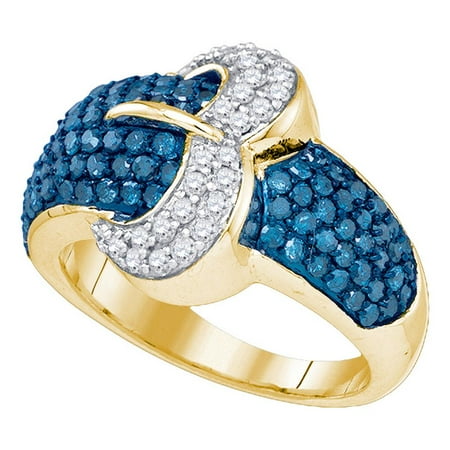 Blue Diamond Buckle Ring 10k Yellow Gold Belt Cocktail Band Dome Style Round Cluster Set Fancy 1-3/8 ctw