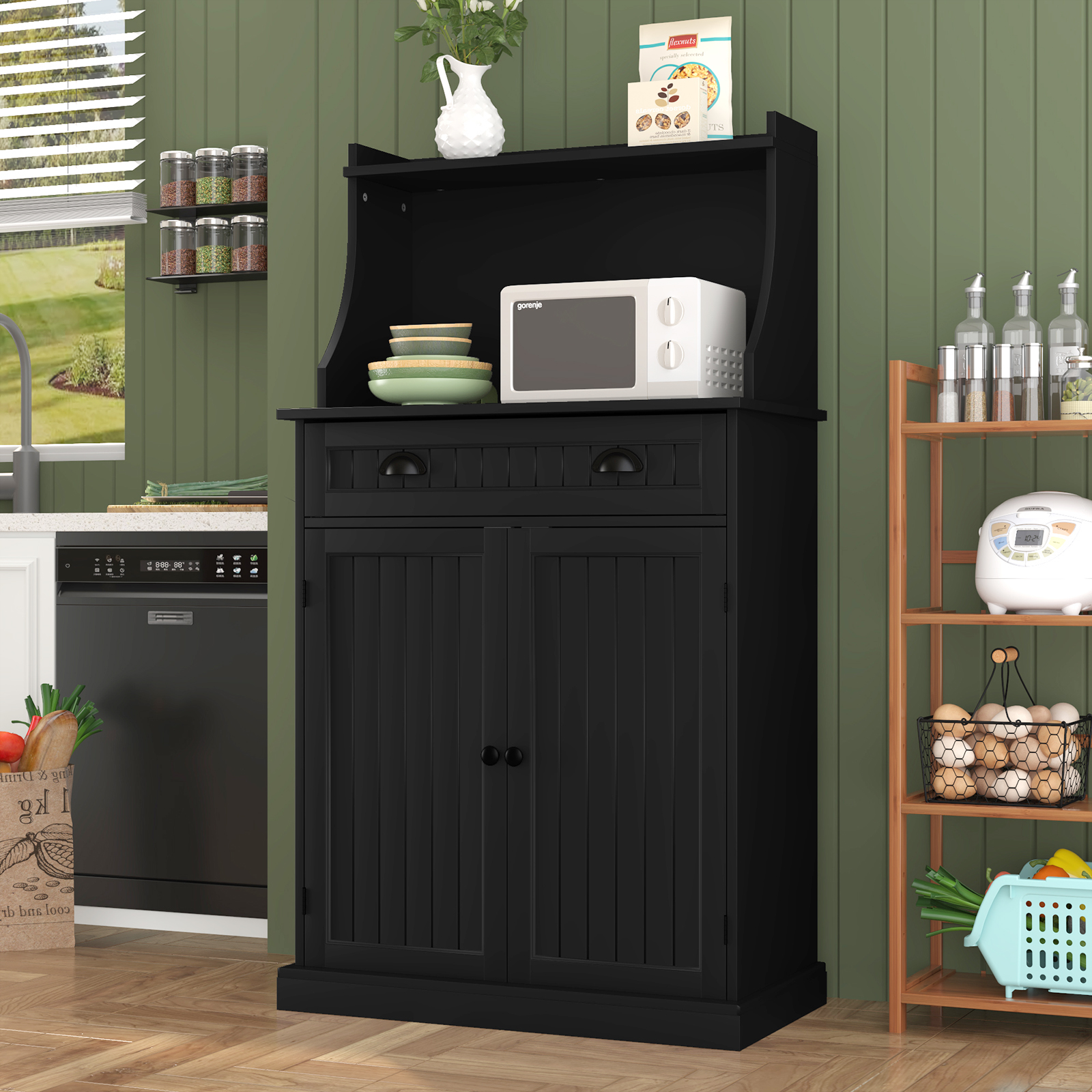 Kitchen Microwave Pantry Storage Cabinet with Drawers & Cabinets for Kitchen Organization, Black