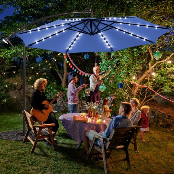 Gymax 10ft Solar Patio Umbrella Outdoor Offset Hanging Umbrella w/ 40 LED Lights Blue