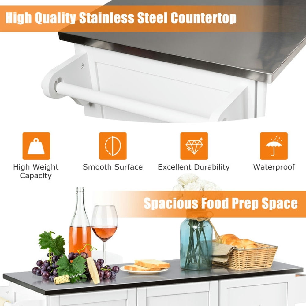 Finihen Rolling Storage Cabinet Cart, Kitchen Island Cart, Kitchen Island 2-Door Storage Cabinet with Drawers and Stainless Steel Top, for Kitchen, Dining Room, White Finihen Rolling Storage Cabinet Cart, Kitchen Island Cart, Kitchen Island 2-Door Storage Cabinet with Drawers and Stainless Steel Top, for Kitchen, Dining Room, White