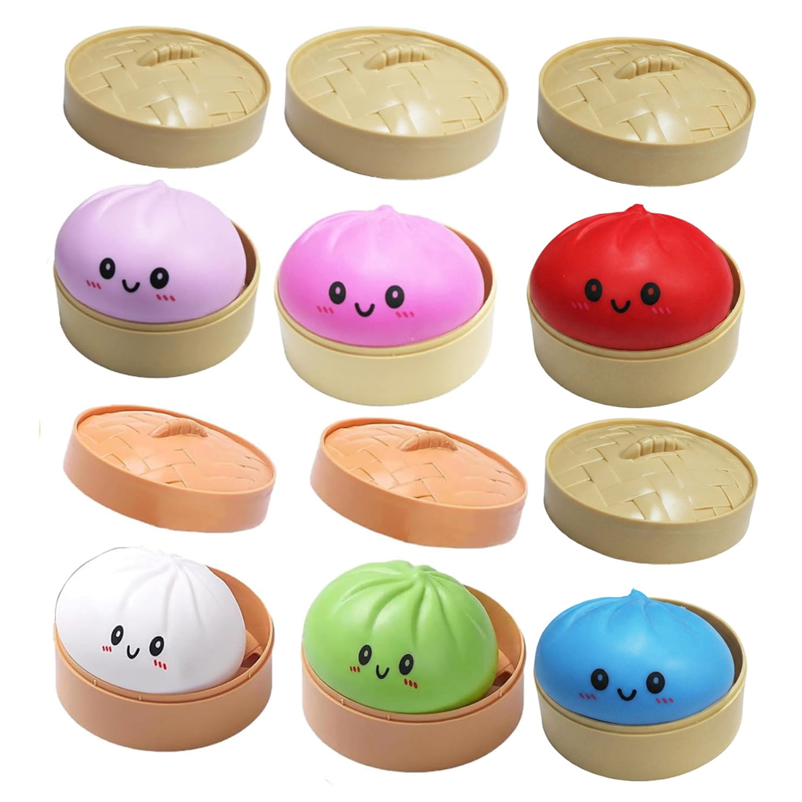 6Pcs Colorful Dumpling Squishy Random Color, Mystery Dumpling Squishy with Steamer, Squishy Dumpling Doll with Cute Expressions, Silicone Bun Sensory Fidget Dolls, Hand Pinching Decompression Dolls