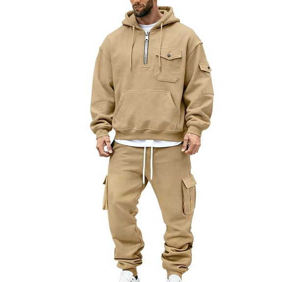 Chiccall Oversized Cargo Track Suits For Men 2 Piece Quarter Zip Hoodies & Sweatpants Set Casual Running Jogging Sports Suits