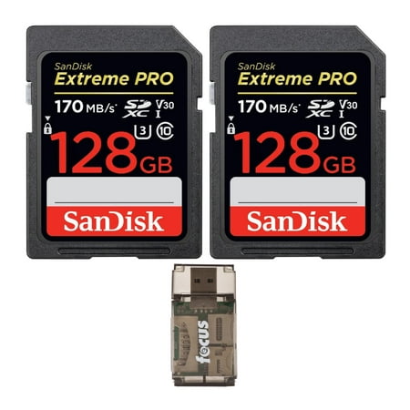 Image of SanDisk 128GB Extreme PRO 170 MB/s UHS-I SDXC Memory Card (2-Pack) with a USB 2.0 Card Reader