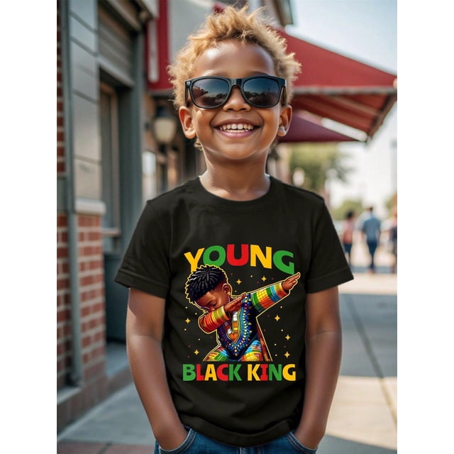 Young Boy Casual Cool Black Boy Graphic Round Neck Short Sleeve T-Shirt, Suitable For Summer