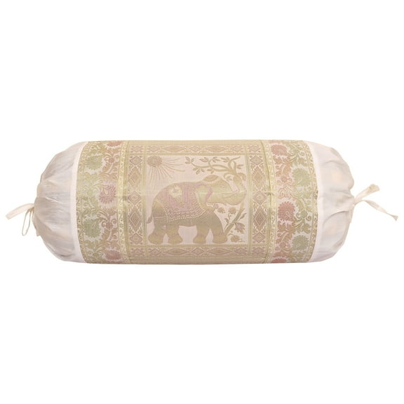 Stylo Culture Ethnic Polydupion Cylindrical Tubular Bolster Pillow Cover White Jacquard Brocade Border Elephant Large Diwan Cylinder Pillow Cushion Cover (1 Pc) | 30x15 Inches (76x38 cm)