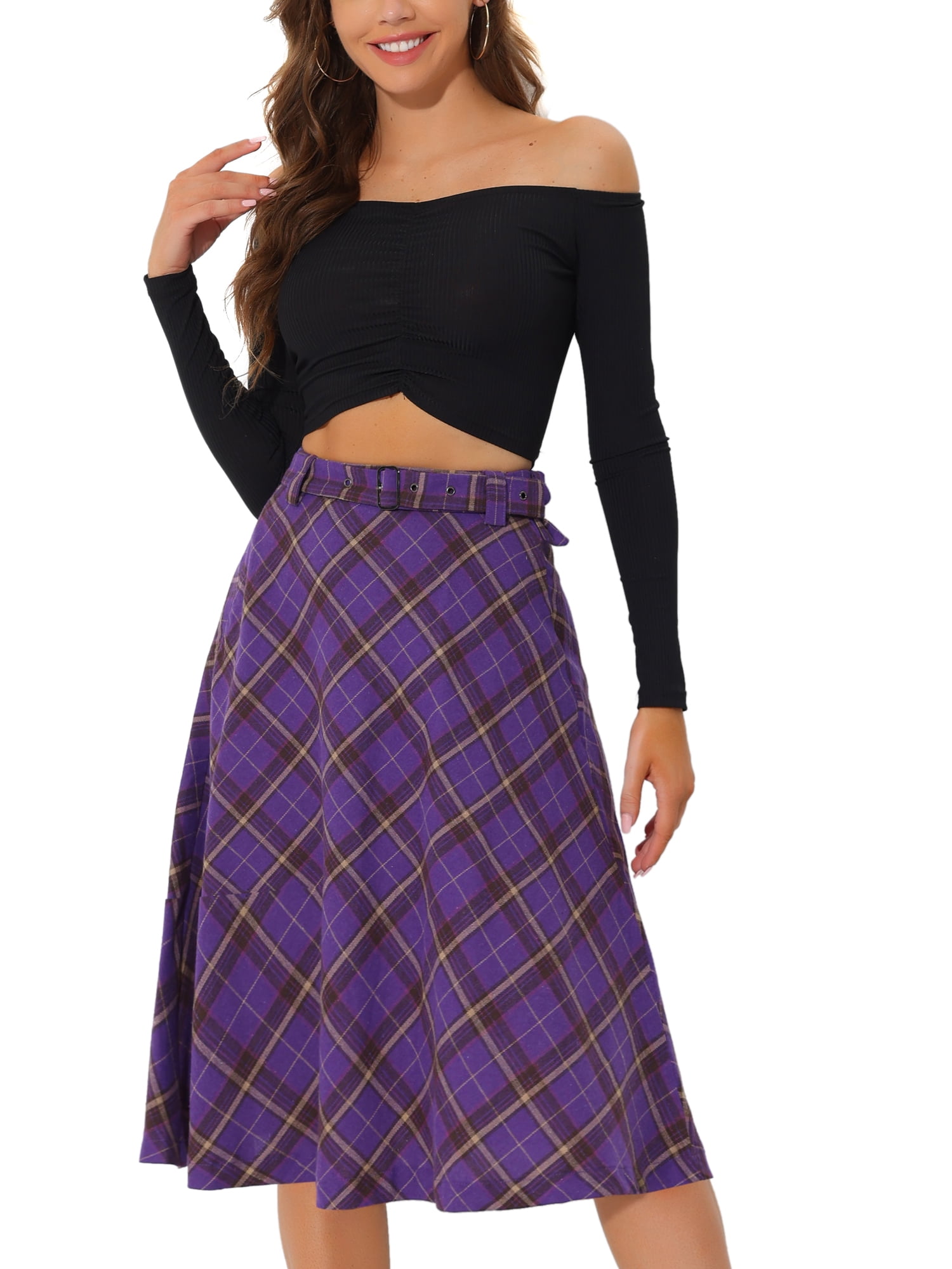 Unique Bargains Women's Plaid Belted High Waist A-Line Mid-Length