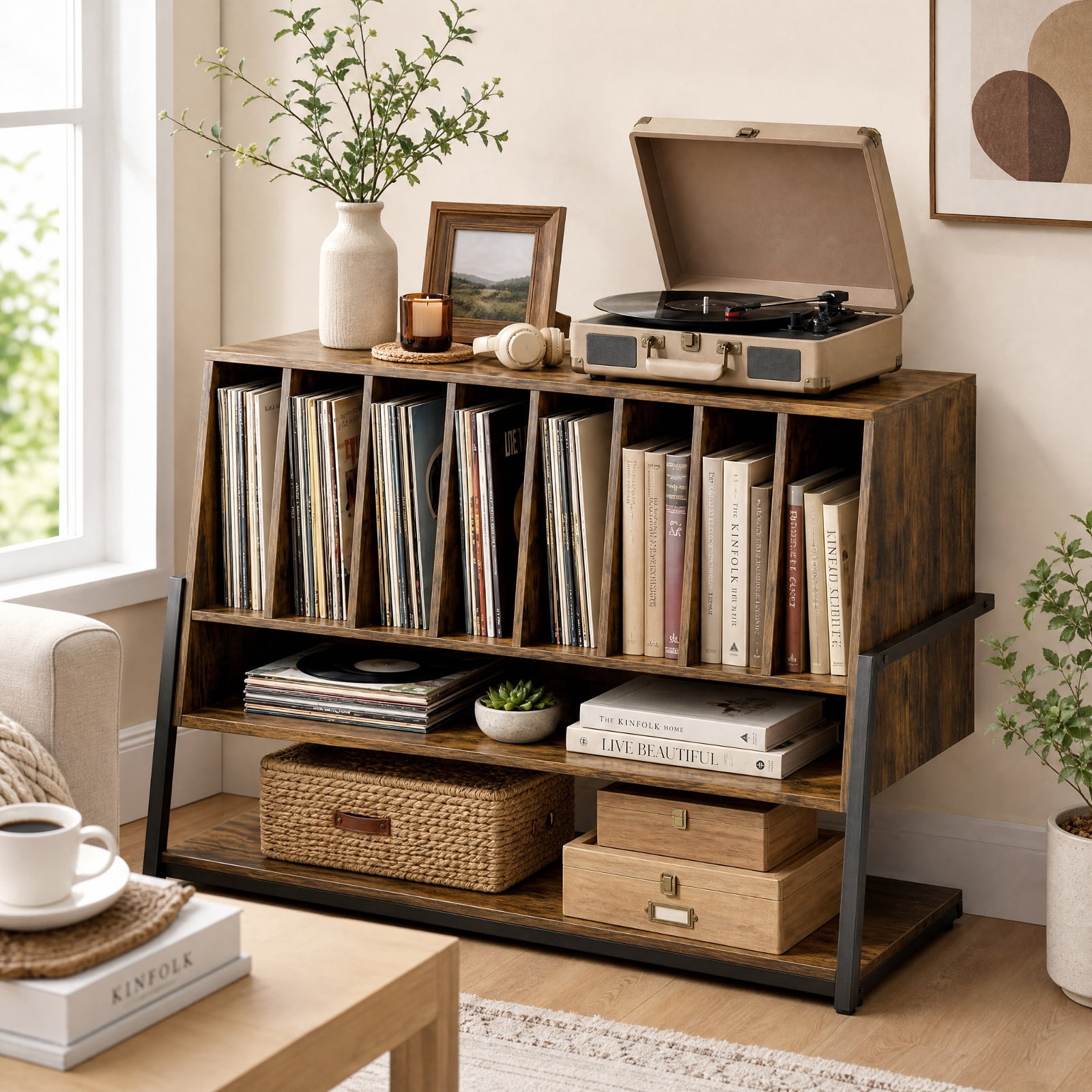 Furnibear Turntable Stand with Charging Station Vinyl Storage Shelves and Locking Wheels for Living Room Record Player Setup, Rustic Brown