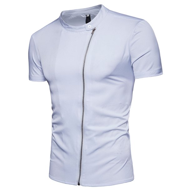 Camisa De Manga Corta Con Cremallera Oblicua Para Hombre, Camisa Con Cuello Levantado Sólido A La Moda (Blanco L)-200676.02 Tmvgtek Caballero