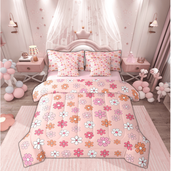 Manfei Cartoon Flower Child Twin Bedding Sets 7-Piece, Pink Blossoms Floral Bedding Comforter Set, Retro French Style Reversible Sheet Sets, Super Cozy Room Decor