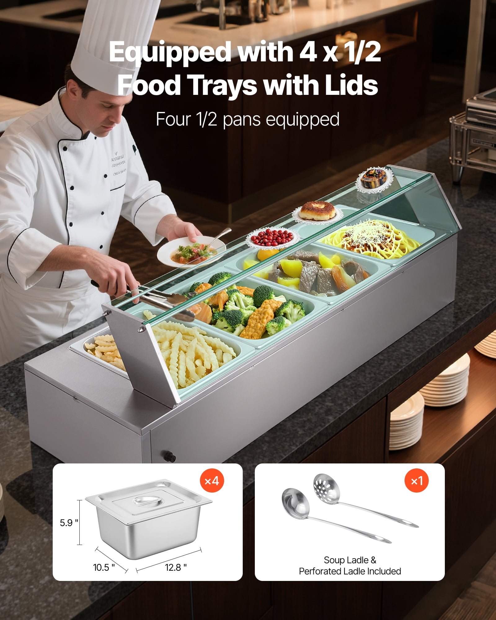 VEVOR Commercial Food Warmer, 1500W Electric Stainless Steel Steam Food Warmer with Glass Cover, 4-Pan Countertop Buffet Bain Marie with Soup & Perforated Ladles, for Catering, Restaurant & Party
