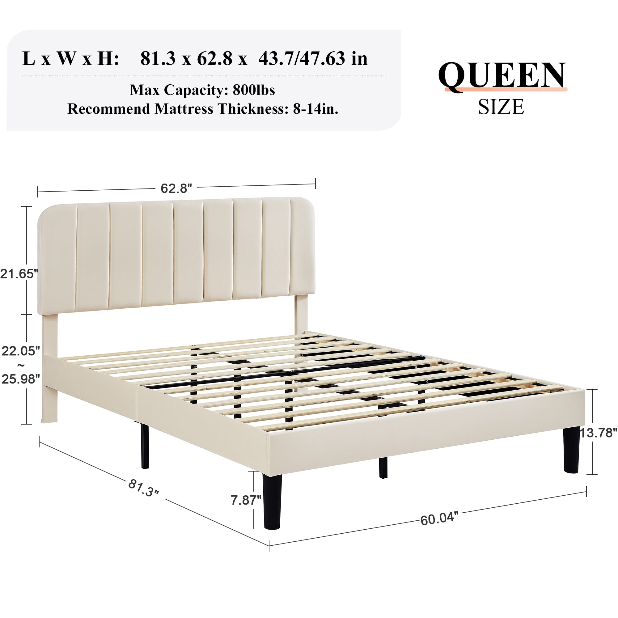 Taomika, Queen Size Upholstered Platform Bed Frame with Adjustable Headboard-Beige