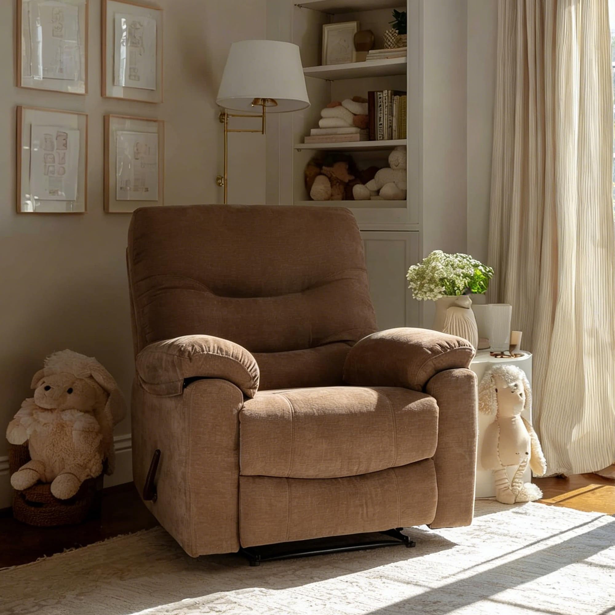 Brown Overstuffed Lounge Chair with Footrest Extra Large Recliner Chair with 22-Inch Wide Seat, Manual Reclining Lounge Chair with Footrest, Comfortable Living Room Accent Recliner