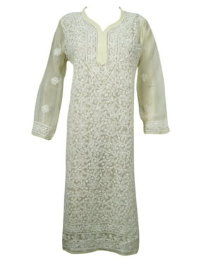 Mogul Women's Yellow Tunic Dress Floral Hand Embroidered Georgette Kurta Long Sleeves Handmade Dress
