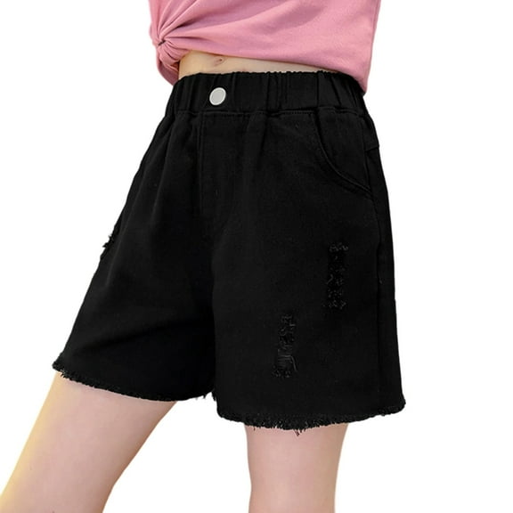 WRTFVZA Jean Shorts Kids Size 10-11 Years Girls Shorts Kids Summer Elastic Waist Wide Leg Casual Uniform Shorts with Pockets #Black