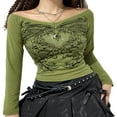 thumbnail image 2 of POINTERTECK Women Close-fitting Pullover T-shirts Autumn Spring White Printed Pattern Long Sleeve V-neck Tops Green M, 2 of 8