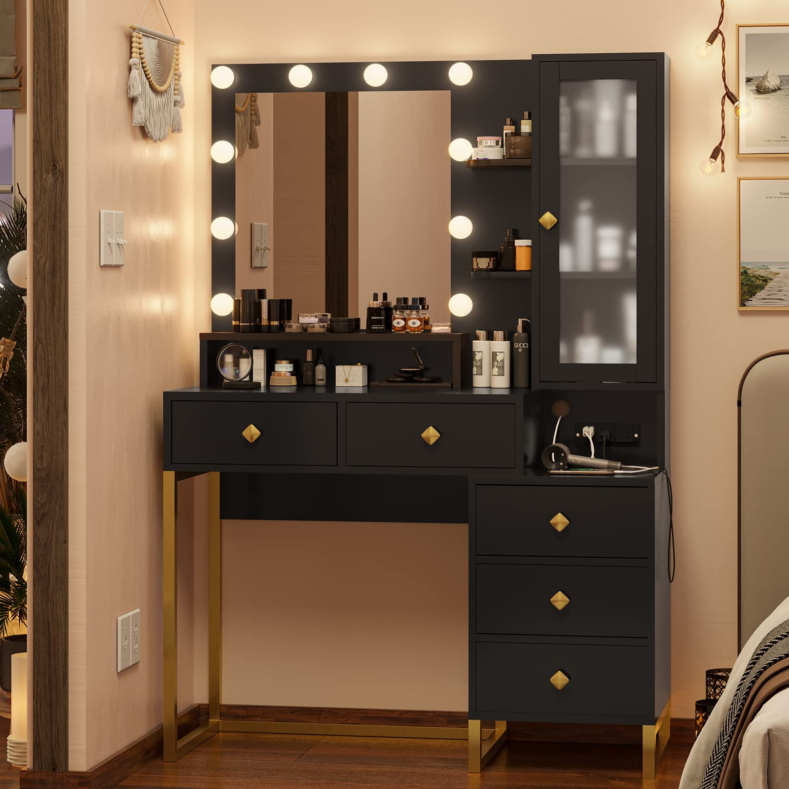 Vanity Desk with Mirror and Lights,Makeup Table with 5 Drawers and  Shelves,Makeup Vanity with Lights and Charging Station,Black