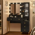 thumbnail image 3 of Makeup Vanity Table with Lighted Mirror, Makeup Vanity Desk with Storage Shelf and 5 Drawers, Large Makeup Vanity Table with Charging Station,Bedroom Dressing Table, 10 LED Lights, Black, 3 of 9